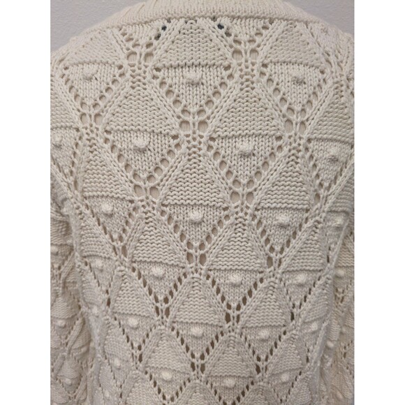 Tommy Hilfiger Ivory Diamond Open Knit Sweater sz M Pom Pom Preppy Classic - Picture 6 of 9